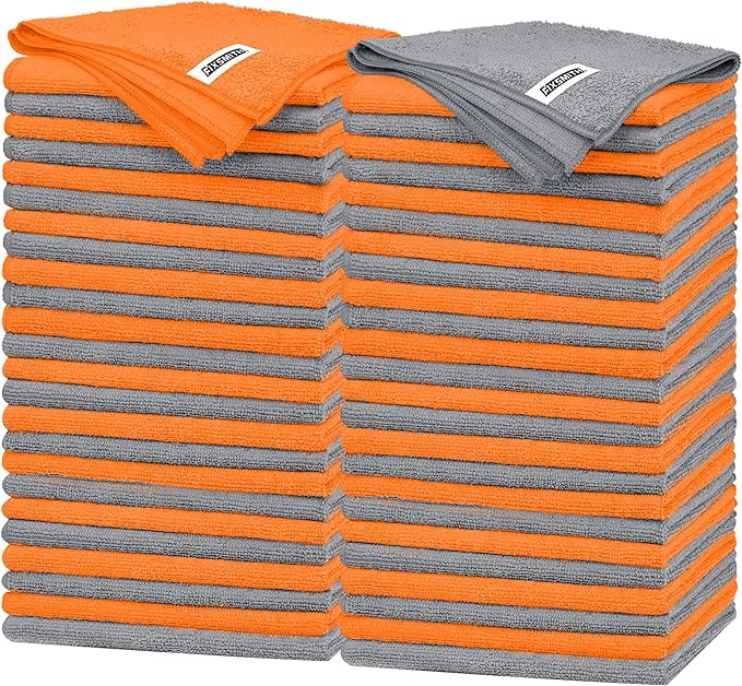 Microfiber Cleaning Cloth -Pack of 50, Highly Absorbent Cleaning Rags(Grey&Orange), 16"X12" All Purpose Cleaning Towels for Housekeeping, Kitchen, Car, Reusable Microfiber Towels