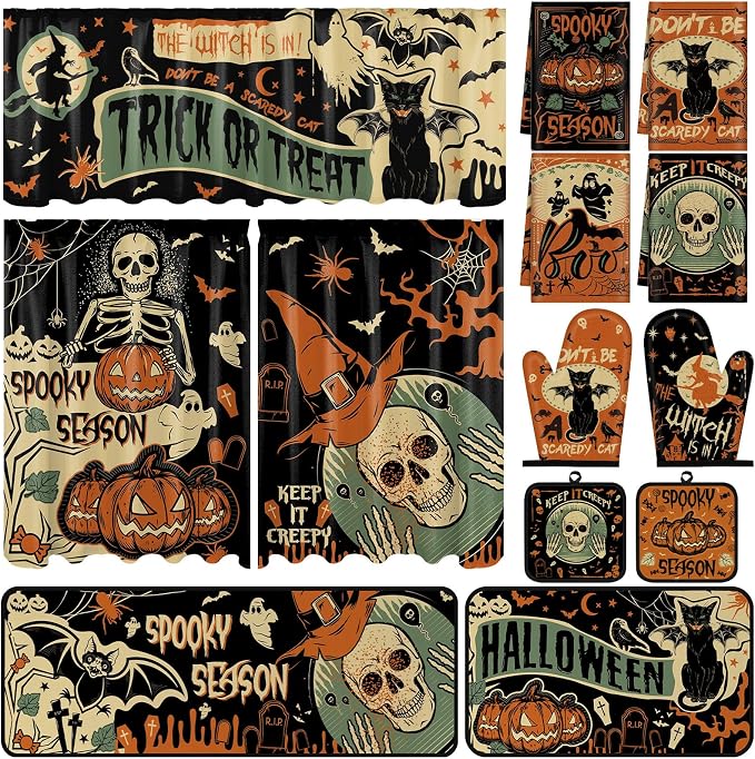 13 Pcs Halloween Gothic Kitchen Set with Towels Terror Forest Bat Nonslip Mats Skull Curtains Valance Pot Holders Oven Mitts for Halloween Kitchen Dining Table Home Accessories