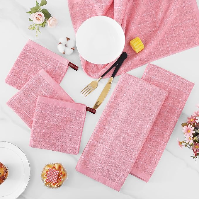 Homaxy Kitchen Towels and Dishcloths Set, Set of 10, Pink | Bulk Cotton Terry Kitchen Towels, Checkered Designed, Soft and Super Absorbent Dish Towels, 12 x 12 and 13 x 28 Inches