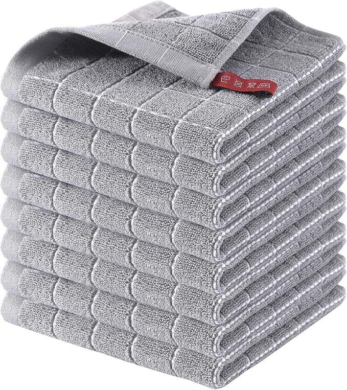 Homaxy 100% Cotton Terry Kitchen Dish Cloths, 8 Pack, Light Grey | Ultra Soft and Absorbent, Suitable for Drying and Washing Dishes
