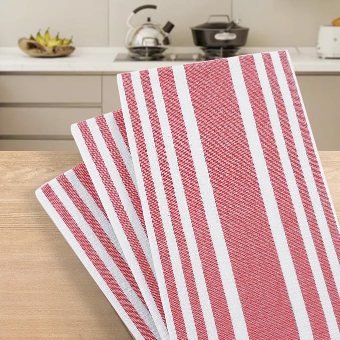 Homaxy Premium Cotton Stripe Kitchen Towels 3 Pack, 18"x 28", Red | Large 380 GSM Kitchen Hand Towels, Soft Terry Dish Towels, Highly Absorbent Tea Towel Set with Hanging Loop