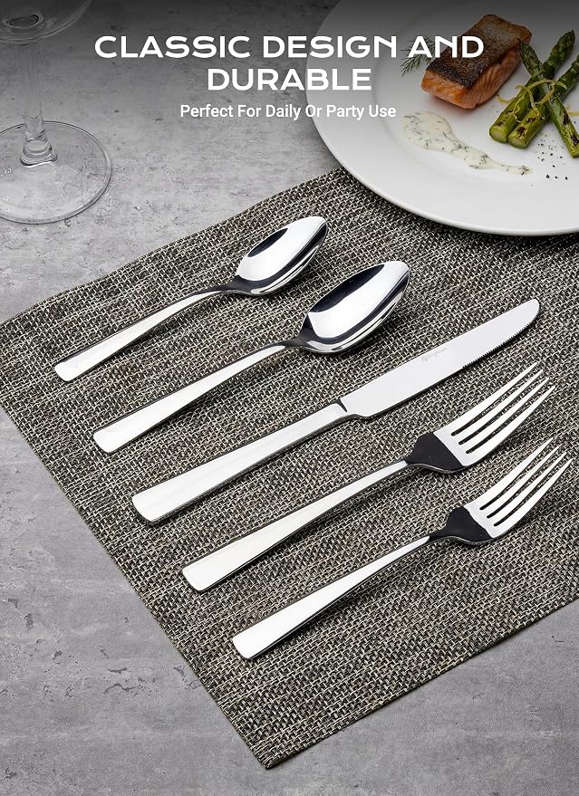 Silverware Set for 8, 45 Piece Stainless Steel Kitchen Utensils Cutlery Set | Gift Package for Wedding Housewarming, Heavy-Duty Steak Knife Fork and Spoon, Dishwasher Safe, Ergonomic Design, Flatware Set