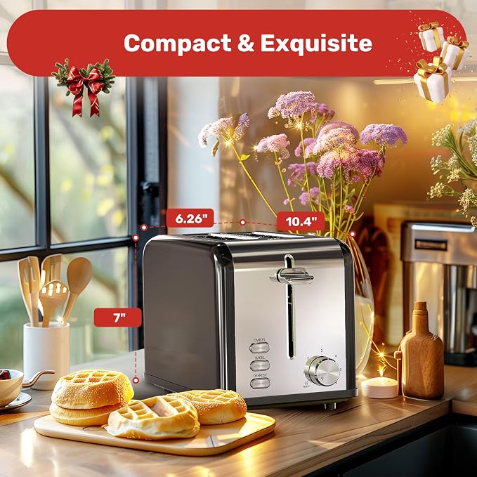 YSSOA Stainless Steel Toaster 2 Slice with Extra Wide Slot & Removable Crumb Tray, 6 Shade Settings and Bagel/Defrost/Cancel Functions, Compact Oven, for Various Bread & Waffle, Black (Pack of 1)