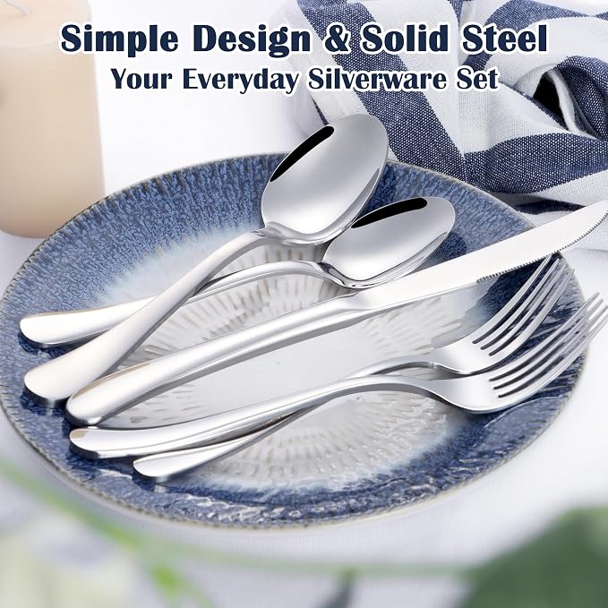 E-far Heavy Duty Silverware Set for 4, 20 Pcs Stainless Steel Flatware Set | Thick Metal Eating Utensils Including Forks and Spoons Knifes, Heavy Weight & Mirror Polished Cutlery, Dishwasher Safe