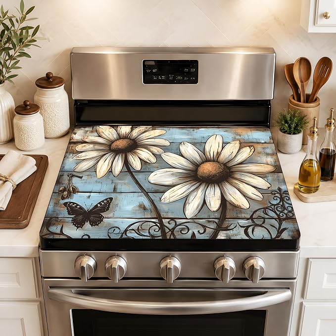 Daisy Stove Cover 28.3 x 20.5 Inches, Farmhouse Stove Top Protector, Heat Resistant Non Slip Glass Electric Stove Cover Board, Rustic Floral Kitchen Decor Mat (White sunflower)