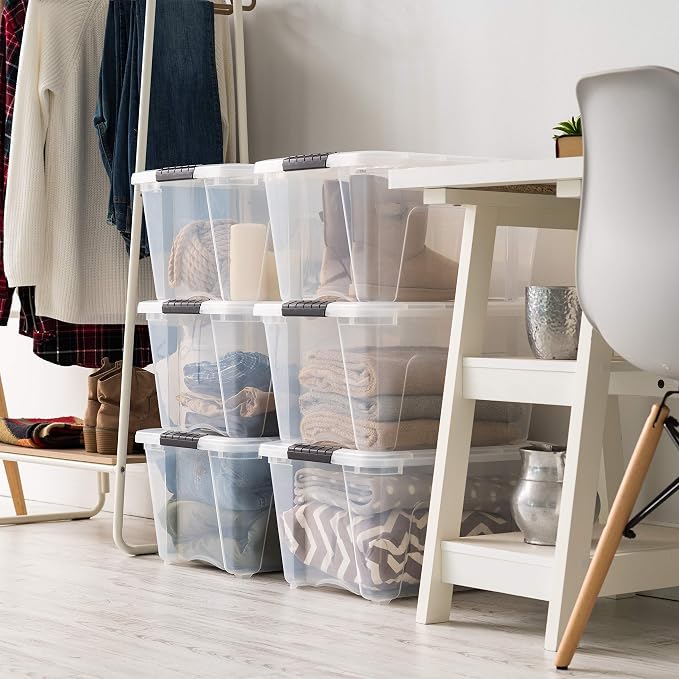 IRIS USA 6-Pack 32 Quart Storage Bins with Lids, Clear | Transparent design makes contents easy to find. Great for linens, décor, closet storage, and supplies. Nestable design saves