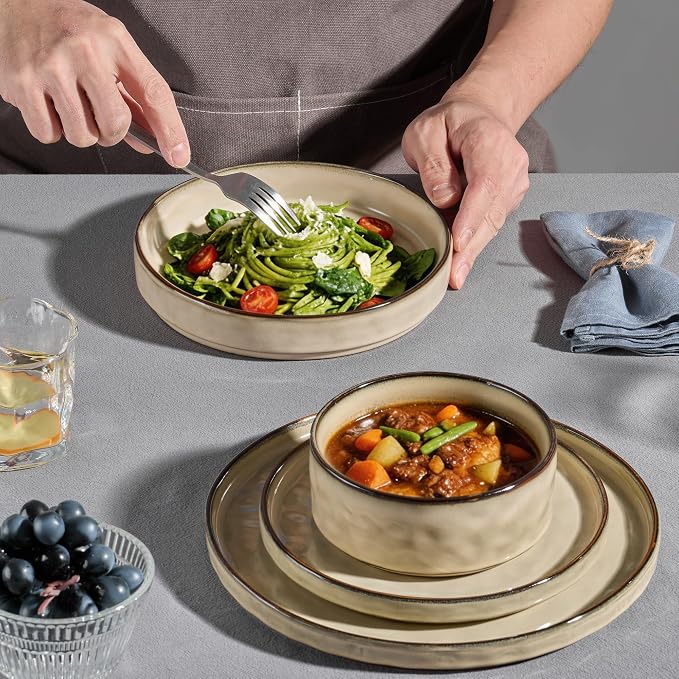 E-far Stoneware Dinnerware Set, 16-Piece Plates and Bowls Sets for 4 | Modern Dishes for Kitchen Dining, Reactive Glazing Ripple Design, Chip Resistant, Microwave & Dishwasher Safe, Sandy Khaki