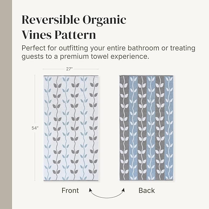 Modern Threads 6 Piece Bath Towel Set – Bathroom Set with 2 Bath Towels, 2 Hand Towels, and 2 Wash Cloths – 100% Cotton, Super Absorbent & Extra Soft – Reversible Natural Vine (Blue)