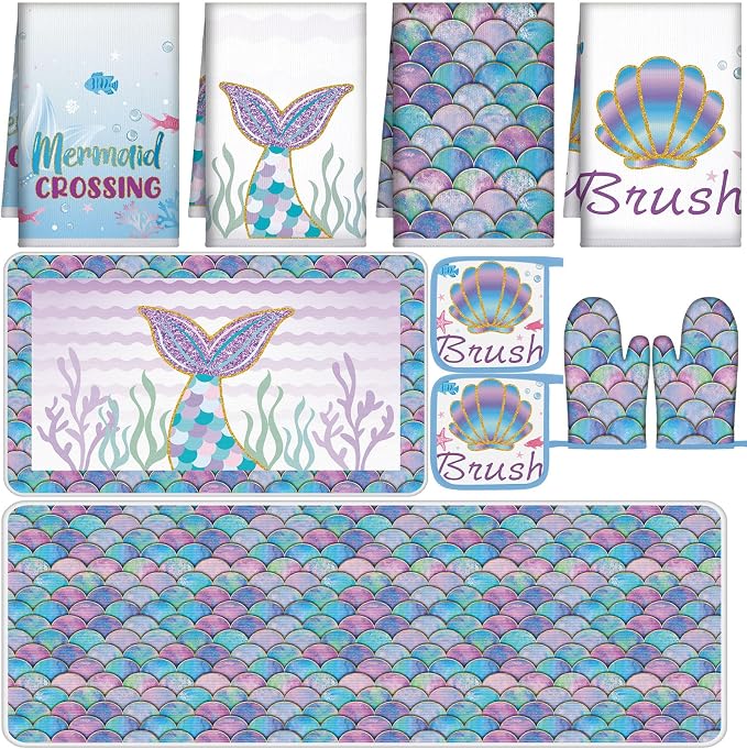 Fourluoo 10 Pcs Mermaid Kitchen Dish Towels Rugs Oven Mitts and Pot Holders Set Farmhouse Kitchen Decor Set for Women Mom Daughter Gift Cooking Baking Grilling
