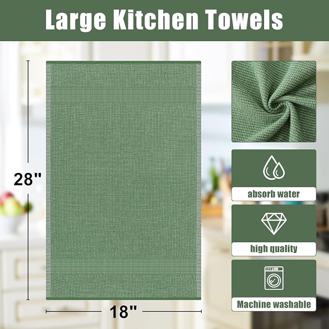 Homaxy 380 GSM Cotton Premium Kitchen Towels 8 Pack, 18"x 28", Grass Green | Flat and Terry Dish Towels, Highly Absorbent Tea Towel Set with Hanging Loop, Soft Utility Kitchen Hand Towels
