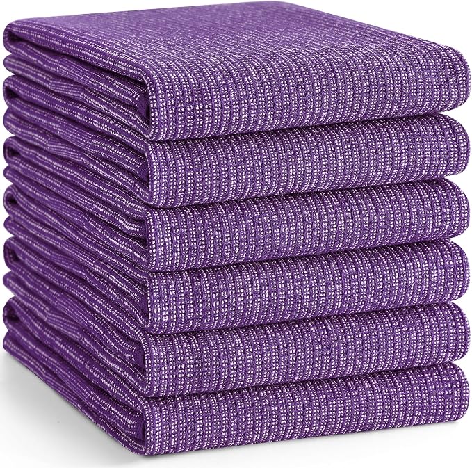 Homaxy 380 GSM Cotton Premium Kitchen Towels 6 Pack, 18"x 28", Purple | Flat and Terry Dish Towels, Highly Absorbent Tea Towel Set with Hanging Loop, Soft Utility Kitchen Hand Towels