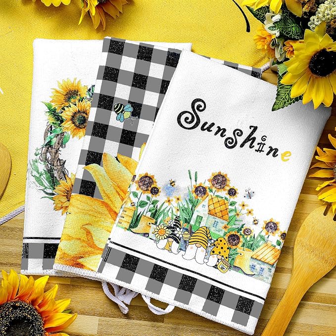 4 Pcs Sunflower Kitchen Towels Floral Hand Dish Towels Gift | Fast Drying Absorbent Tea Dishcloth Yellow Flower Buffalo Plaid Decor Housewarming Gift for Cooking Kitchen Bathroom