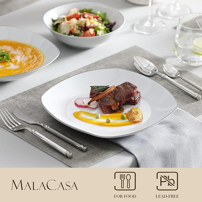 MALACASA Dinnerware Sets, 24 Piece Porcelain Square Dishes, White with Black Rim Plates and Bowls Sets, Ceramic Dish Set for 6, Chip Resistant Dishware Sets, Series ELISA | White Ceramic Plates and Bowls Sets for Serving, Chip Resistant, Microwave & Di...