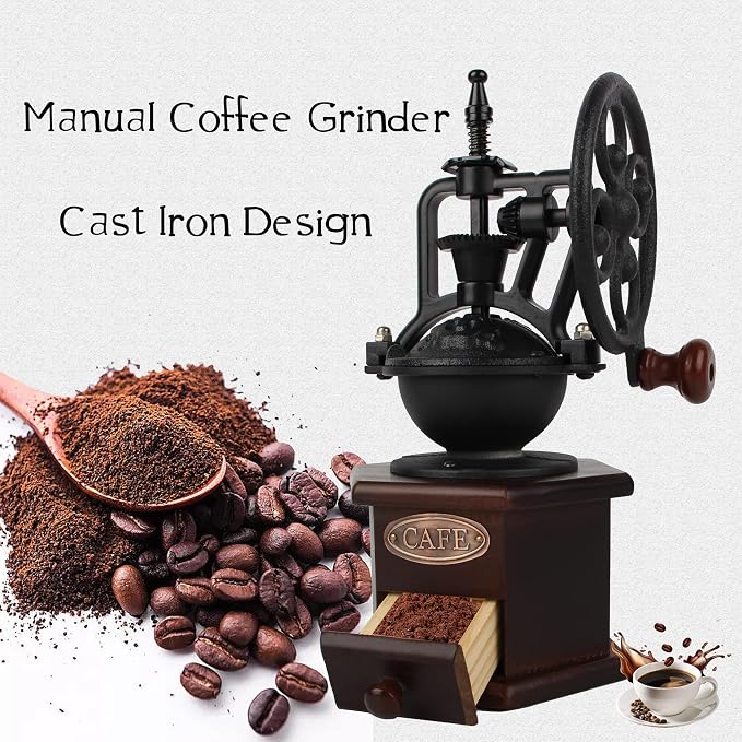 Coffee Grinder, Wooden Manual, Brown, Six Deformation Base | Cast Iron Hand Crank, Antique Coffee Mill, Roller Design, For Mesh Coffee, Decoration & Gift