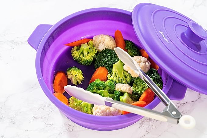 Bakerpan Collapsible Silicone Microwave Vegetable Steamer with Lid - 64 oz Silicone Steamer Pot for Cooking, Steaming & Reheating Food - BPA-Free, Dishwasher Safe