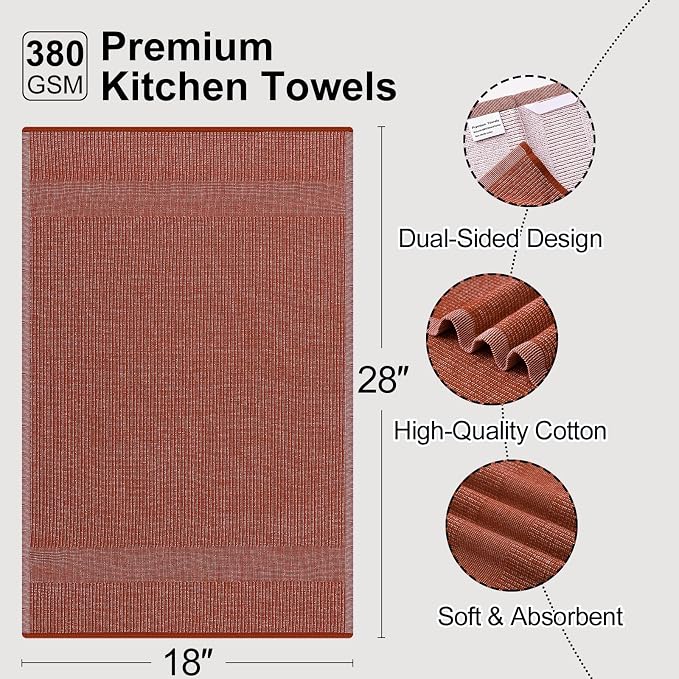 Mordimy Premium Large Cotton Kitchen Towels (18"x 28", 3 Pack), Rust | 100% Ring Spun Cotton, Super Absorbent, 380 GSM, Flat & Terry, Soft, Hanging Loop Dish Towels