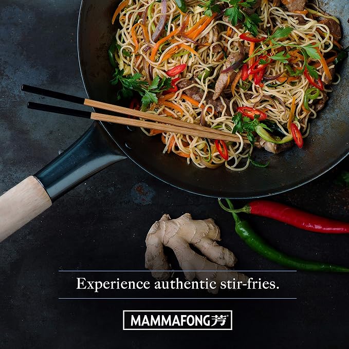 Pre Seasoned Blue Carbon Steel Flat Bottom Wok -14 Inch Chinese Pow Wok - Traditionally Hand Hammered Woks and Stir Fry Pans
