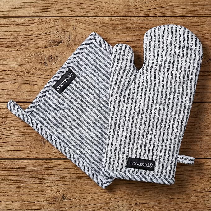 Encasa XO Oven Mitts and Pot Holders Set, Heat Resistant Cotton | Ticking Navy Blue, Diamond Quilted | Non-Slip Grip | Microwave & Oven Safe | Hanging Loop | Machine Washable | Set of 2