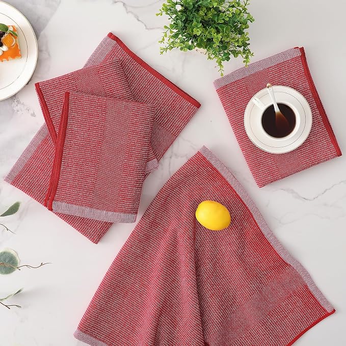 Mordimy Premium Large Cotton Kitchen Towels (18"x 28", 6 Pack), Red | 100% Ring Spun Cotton, Super Absorbent, 380 GSM, Flat & Terry, Soft, Hanging Loop Dish Towels