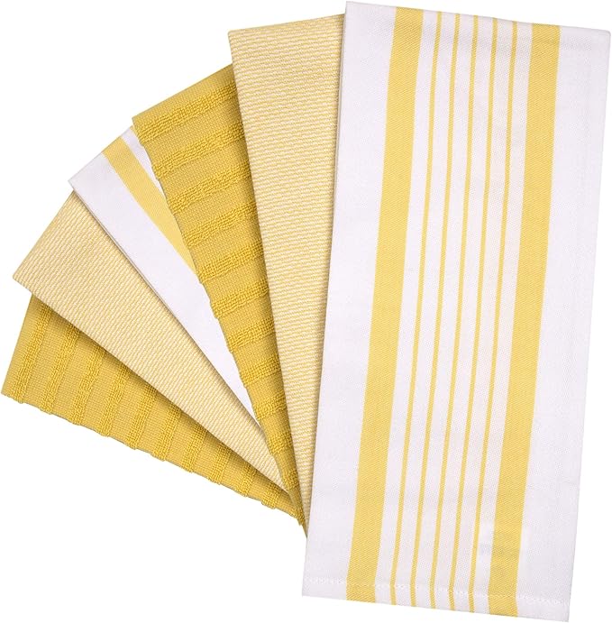 Premium Kitchen Towels 6 Pack 100% Cotton 20"x28" Dish Towels Yellow Stripe | Large Flat & Terry Kitchen Linen Set with Hanging Loops, Highly Absorbent for Washing and Drying Dishes