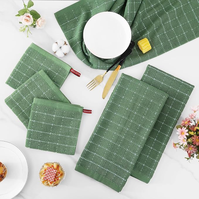 Homaxy Kitchen Towels and Dishcloths Set, Set of 8, Grass Green | Bulk Cotton Terry Kitchen Towels, Checkered Designed, Soft and Super Absorbent Dish Towels, 12 x 12 and 13 x 28 Inches