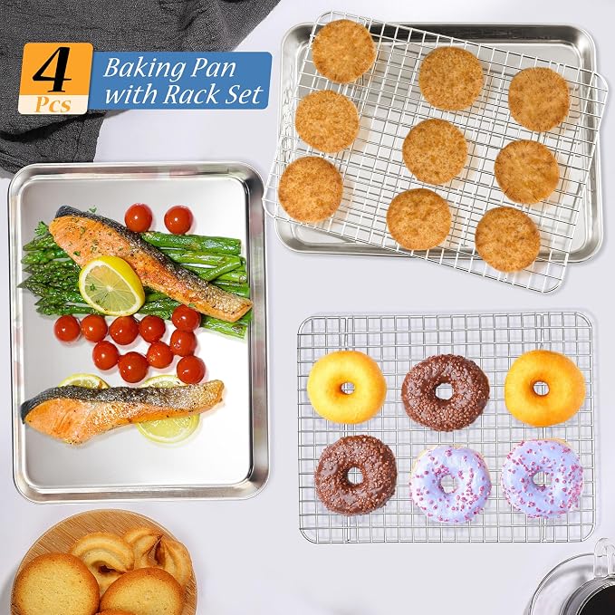 TeamFar Cookie Sheets with Cooling Racks, 2 Pans + 2 Racks, 12.5x9.5x1 Inch | Stainless Steel Cookies Sheet Baking Tray Pan with Grid Cooling Rack for Toaster Oven, Healthy & Heavy-Duty, Dishwasher Safe