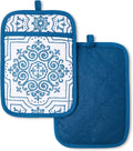 MARTHA STEWART Strie Medallion Pot Holder 2-Pack Set, Heat Resistant, Non-Slip Silicone Grip, Navy Blue, 7"x10"