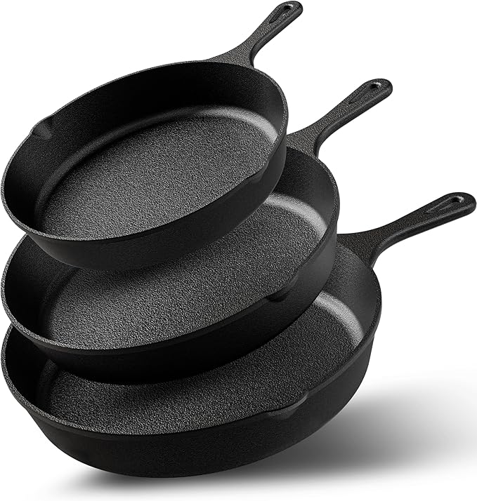Utopia Kitchen Cast Iron Skillet Set 3 Piece 6 8 10 Inch PFAS-Free Black | Chef Pan, Even Heat Distribution, Stovetop, Campfire and Grill Safe, Large Skillet Set, Indoor Outdoor Use