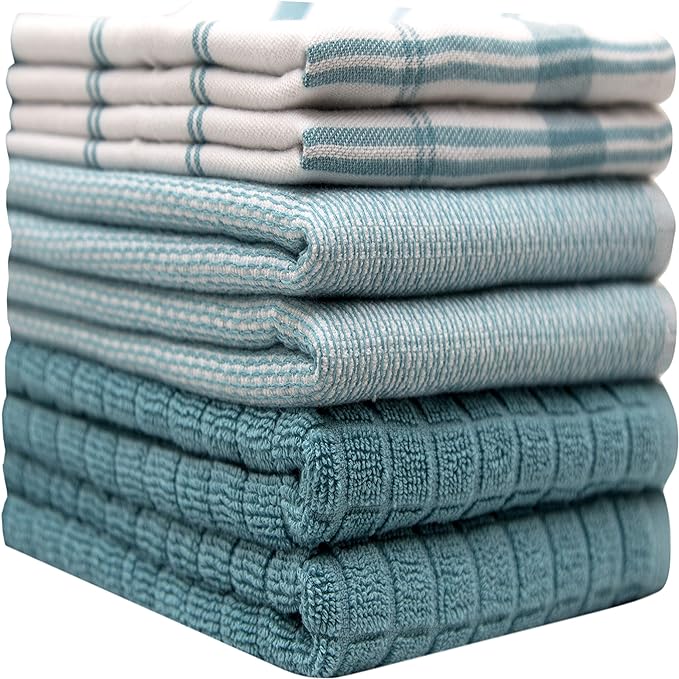 Premium Kitchen Towels 6 Pack 100% Cotton, 20"x28" Dish Towels - Teal Check | Large Flat & Terry Kitchen Linen Set with Hanging Loops, Highly Absorbent for Washing and Drying Dishes