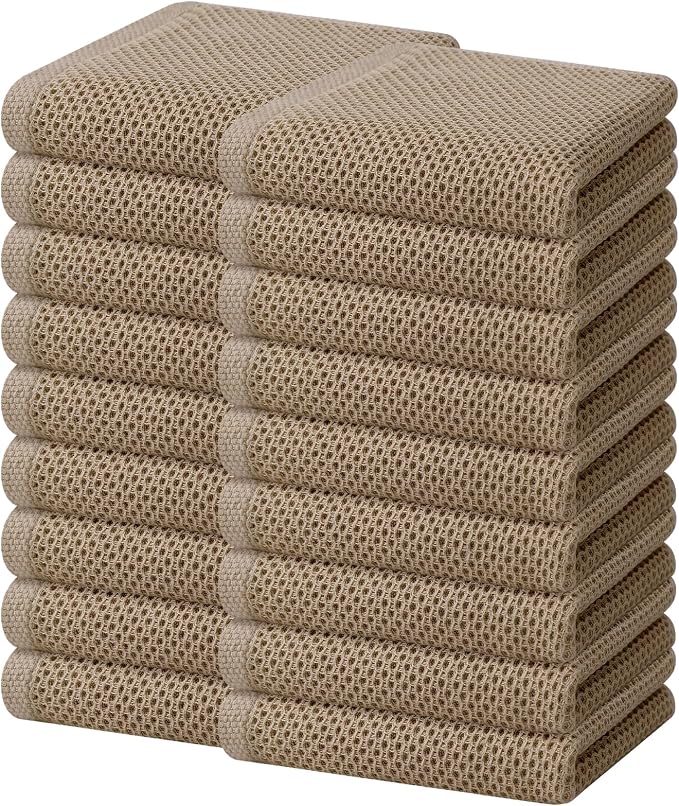 Homaxy 100% Cotton Waffle Weave Kitchen Dish Towels 18-Pack, Tan | 13 x 28 Inches, Ultra Soft Absorbent Dish Towels, Quick Drying Cleaning Towels