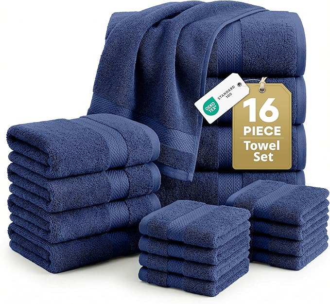 LANE LINEN Bathroom Towel Set 16 Piece Soft Absorbent Quick Dry - Navy | Set Of Towels - Easy-Care, Coordinated Colors, OEKO-TEX Certified, Ring-Spun Durability