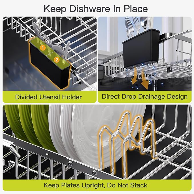 JASIWAY Expandable Dish Drying Rack Over the Sink with Utensil Holder | Stainless Steel Adjustable Dish Driainers for Small Kitchen, Counter Space Saving, Fast Drain, Rustproof, For Apartment, RV