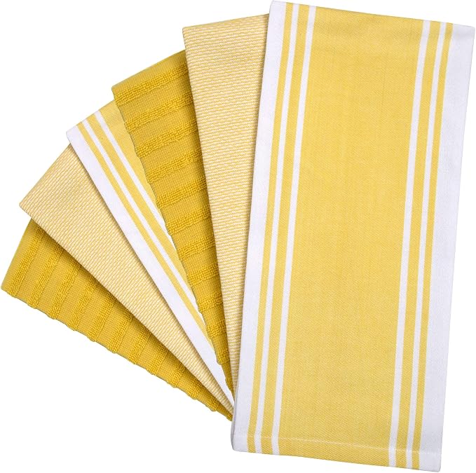Premium Kitchen Towels 6 Pack 100% Cotton 20"x28" Dish Towels - Yellow Wide | Large Flat & Terry Kitchen Linen Set with Hanging Loops, Highly Absorbent for Washing and Drying Dishes