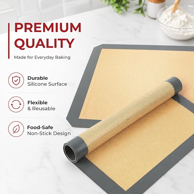 Silicone Baking Mats Half Sheet Non Stick for Oven Reusable 4 Pack - Thick Heavy Duty Silicone Baking Mat Cookie Sheet 1/2 Size for Macaron & Pastry - Half Size Rectangular Cooking Oven Liner Pad