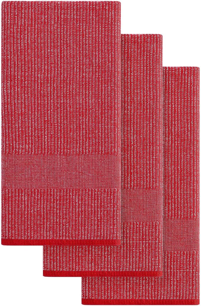 Mordimy Premium Large Cotton Kitchen Towels (18"x 28", 3 Pack), Red | 100% Ring Spun Cotton, Super Absorbent, 380 GSM, Flat & Terry, Soft, Hanging Loop Dish Towels