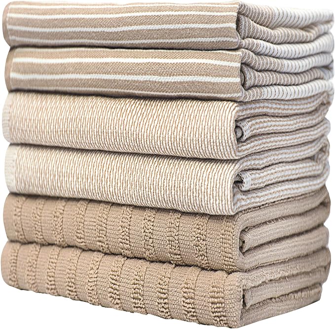 Premium Kitchen Towels 6 Pack 100% Cotton, 20"x28" Dish Towels - Tan | Large Flat & Terry Kitchen Linen Set with Hanging Loops, Highly Absorbent for Washing and Drying Dishes