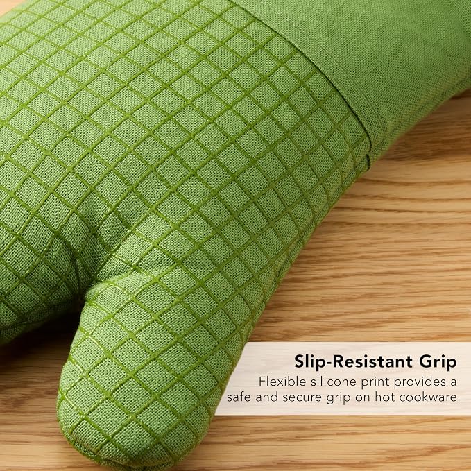KITCHENAID Gourmet Series Gridlines Oven Mitts 2-Pack Set, Heat Resistant up to 600°F, Soft Silicone Grip, Magnetic Cuff, Matcha Green, 7"x14"