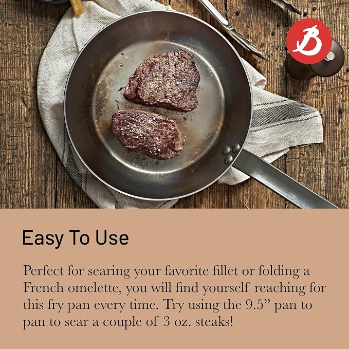 de Buyer MINERAL B Carbon Steel Fry Pan - 9.5” Diameter, 6.9” Cooking Surface - Ideal for Searing, Sauteing & Reheating - Naturally Non-Stick Finish - Made in France