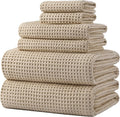 POLYTE 430 GSM Poly Blend Microfiber Quick Dry Waffle Bath Towel Set of 6 | 2-Body Towels, 2-Hand Towels, 2-Wash cloths, Oversize, Lint Free