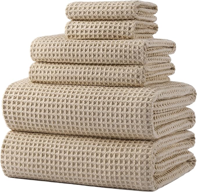 POLYTE 430 GSM Poly Blend Microfiber Quick Dry Waffle Bath Towel Set of 6 | 2-Body Towels, 2-Hand Towels, 2-Wash cloths, Oversize, Lint Free