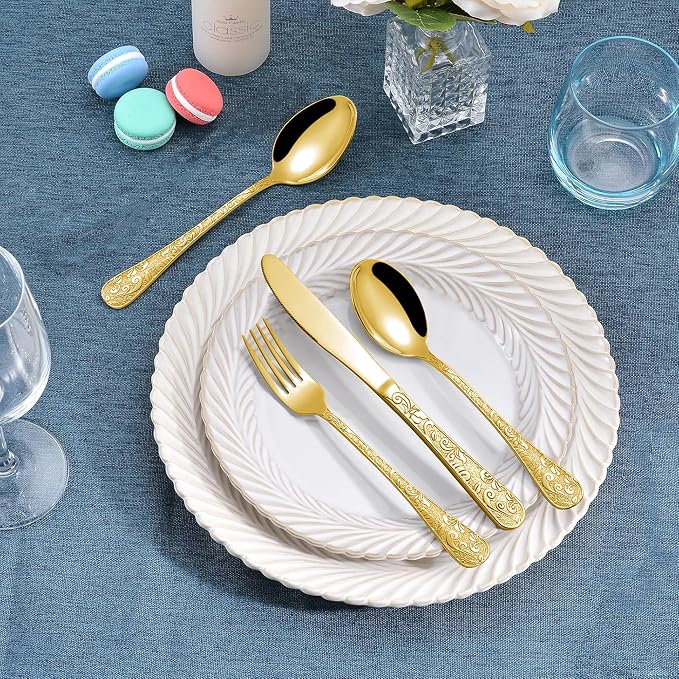 Runfly Vintage Carved Gold Stainless Steel 20-Piece Flatware Set | Silverware Set, Modern Embossed Cutlery Set Utensils Kitchen Including Fork Spoon and Knife