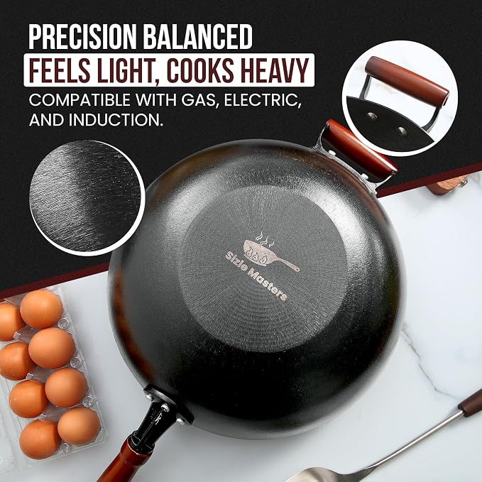 Pre-Seasoned Cast Iron Nonstick Stir-Fry Pan | Dual Handles & 4 Spatulas | Flat Bottom Wok with Wooden Lid & Wood Handle | Traditional Chinese Induction Wok (36Cm)