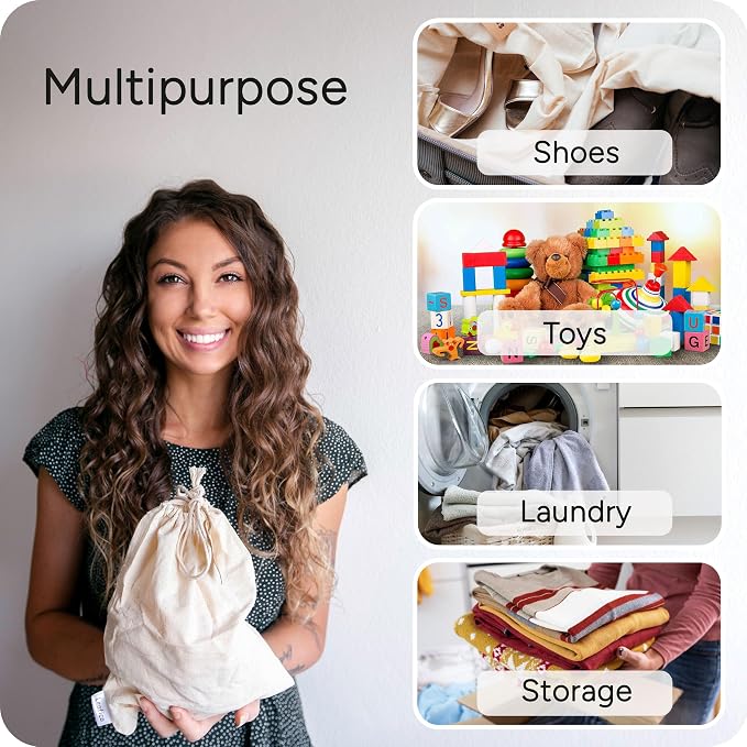 Reusable Produce Storage Bags - XX-Large 19x23 3 Pack - Breathable Muslin Fabric Sacks with Drawstrings – Dust-Proof Travel Cotton Bags for Laundry, Clothes, Purses