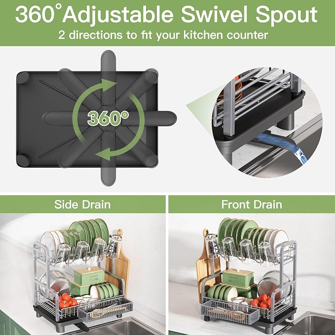 2 Tier Dish Drying Rack and Drainboard Set for Kitchen Counter | Dish Drainer with Drainboard, Cups Holder for Small Kitchen, Space Saving, Rustproof, Auto Drain, Fits for 1-2 People