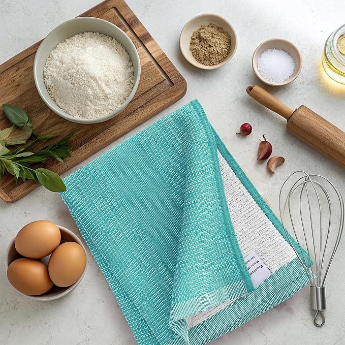 Mordimy Premium Large Cotton Kitchen Towels (18"x 28", 6 Pack), Teal | 100% Ring Spun Cotton, Super Absorbent, 380 GSM, Flat & Terry, Soft, Hanging Loop Dish Towels