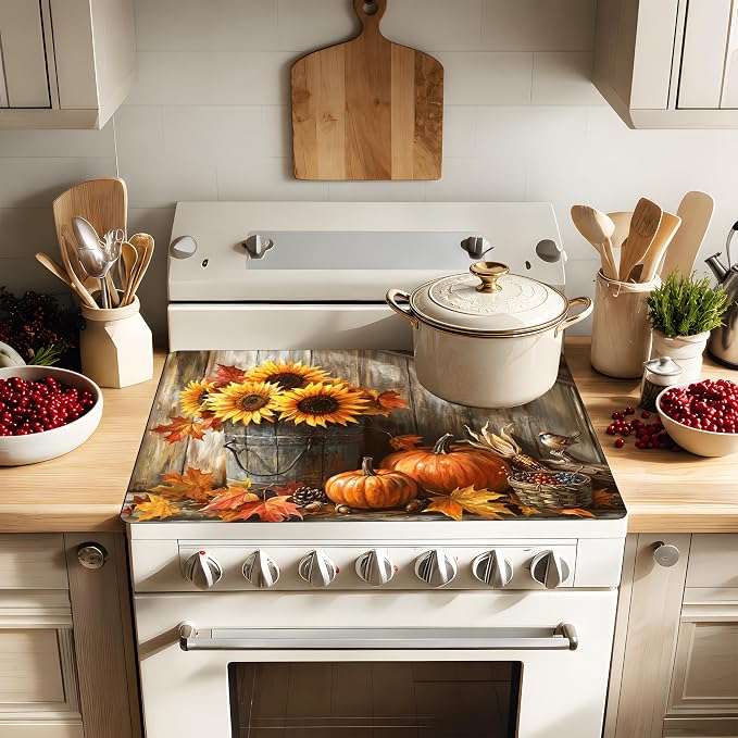 Fall Pumpkin Sunflower Stove Top Cover 28.3 x 20.5 Inch, Rustic Farmhouse Glass Cooktop Protector Mat, Autumn Harvest Electric Range Cover for Kitchen Counter Decor(Orange Sunflower)