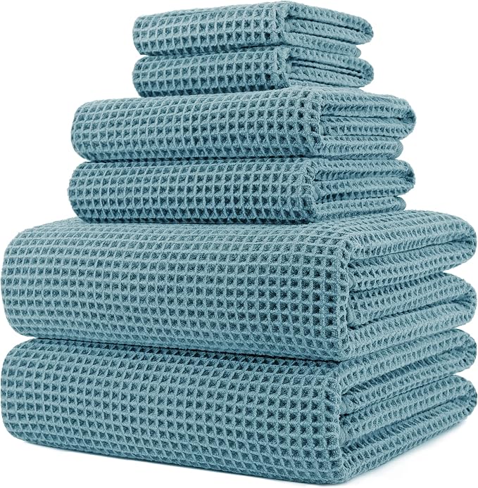 POLYTE 430 GSM Poly Blend Microfiber Quick Dry Waffle Bath Towel Set of 6 | 2-Body Towels, 2-Hand Towels, 2-Wash cloths, Oversize, Lint Free