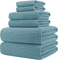 POLYTE 430 GSM Poly Blend Microfiber Quick Dry Waffle Bath Towel Set of 6 | 2-Body Towels, 2-Hand Towels, 2-Wash cloths, Oversize, Lint Free