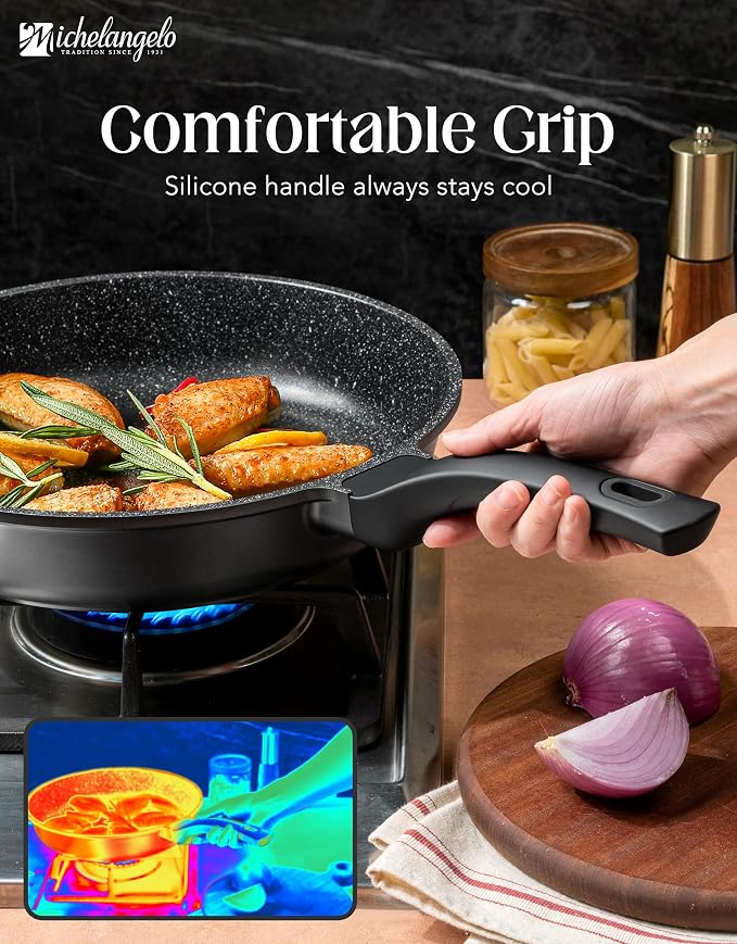 MICHELANGELO Nonstick Frying Pan - 8-Inch Non Stick Small Frying Pan with Silicone Handle | Easy to Clean, All Stovetops Compatible, Durable for Use