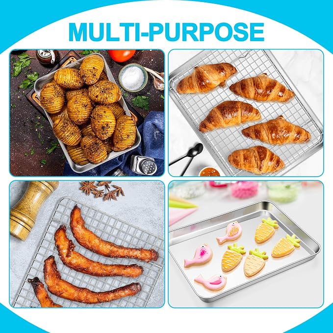 E-far Baking Sheet with Wire Rack Set, 12.5" x 9.7" (1 Pan +1 Cooling Rack) | Stainless Steel Sheet Pan with Cooling Rack for Oven, Metal Broiling Tray for Cooking Roasting, Non-Toxic, Dishwasher Safe